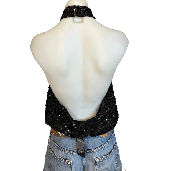 NBD Black Sequin Halter Top Bodysuit LARGE Cocktail Backless Revolve $148 NEW - Picture 3 of 6